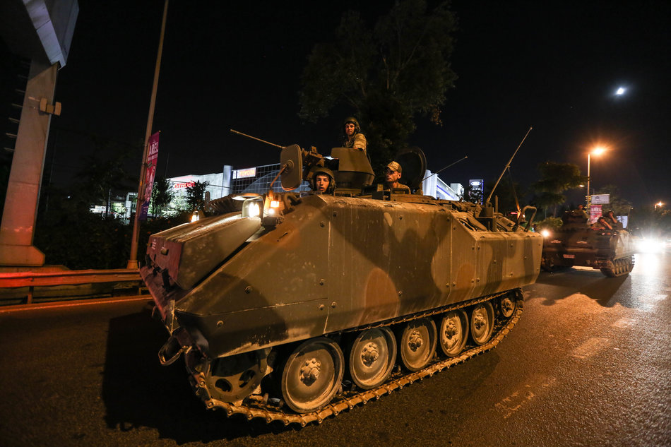 ISTANBUL, TURKEY - JULY 15: Turkish Armys APC's move in the main streets on July 15, 2016 in Istanbul, Turkey. Istanbul's bridges across the Bosphorus, the strait separating the European and Asian sides of the city, have been closed to traffic. Reports have suggested that a group within Turkey's military have attempted to overthrow the government. Security forces have been called in as Turkey's Prime Minister Binali Yildirim denounced an 'illegal action' by a military 'group', with bridges closed in Istanbul and aircraft flying low over the capital of Ankara (Photo by Defne Karadeniz/Getty Images)
