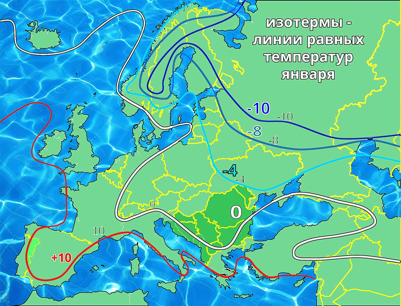 Европейская россия климат. Нулевая изотерма января в Европе. Нулевая изотерма января в Европе карта. Изотерма января в Европе на карте. Изотермы января карта.